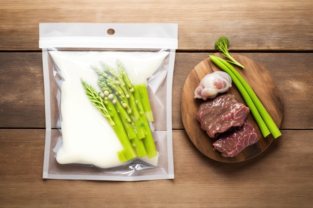 Meat and asparagus vacuum sealed and ready for sous vide cooking on a wooden table viewed from above