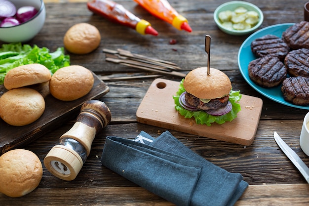 Meat Burger close up on stone background