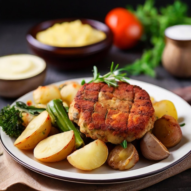 Photo meat cutlet with potatoes and veggies