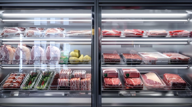 Photo a meat display case with a variety of meats and vegetables