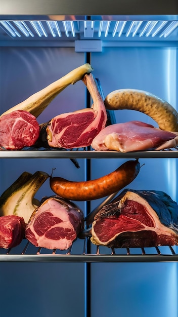 Meat displayed in a refrigerator