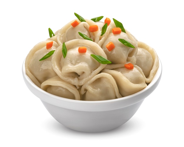 Meat dumplings, homemade russian pelmeni isolated on white 