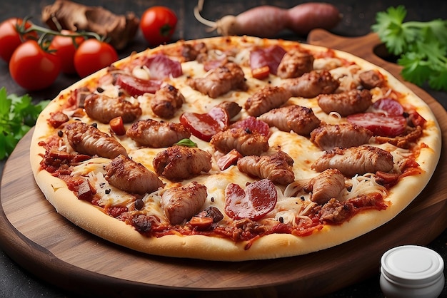 Photo meat feast barbecue pizza with a topping of pepperoni sausage and salami