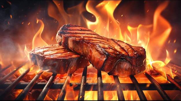 Meat on the grill with flames