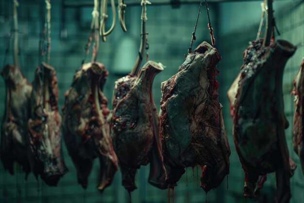 The meat processing plant carcasses of beef hang on hooks