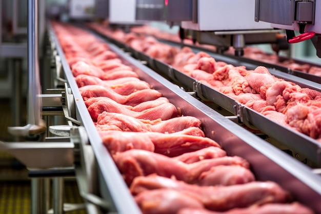 meat processing plant processing of chicken meat pieces of chicken fillet are on the conveyor