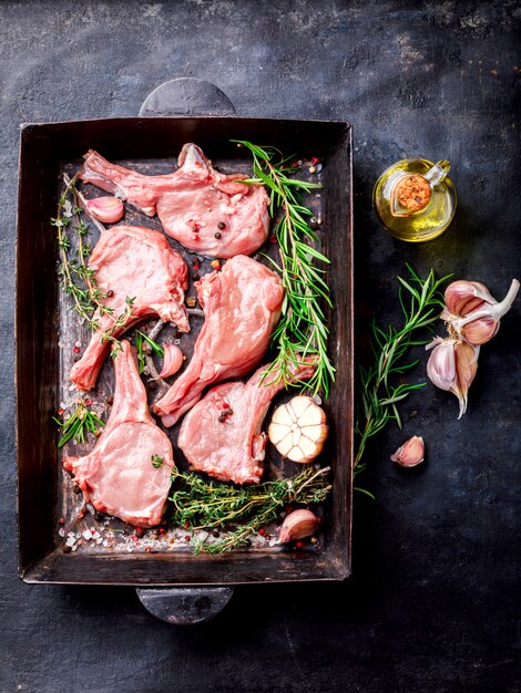 Meat Raw Fresh Mutton on the bone Spices Chesno and Rosemary 