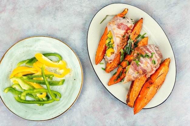 Meat roulade and baked sweet potatoes