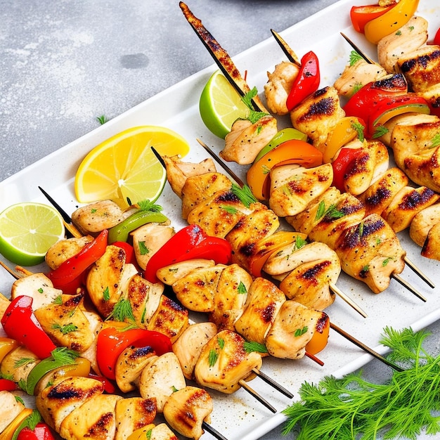 Meat skewer with vegetables isolated on white background