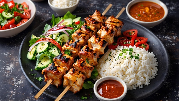 Meat skewers grilled meat with white rice and vegetables