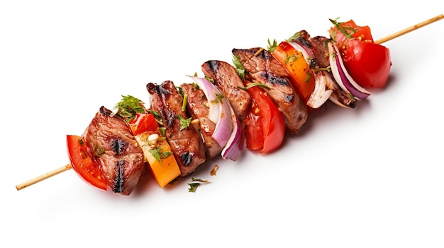 Meat skewers roasted shish kebab with onion and tomatoes isolated on white background