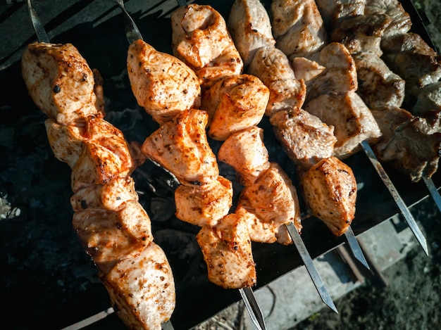 Meat skewers on skewers Cooking on charcoal grill