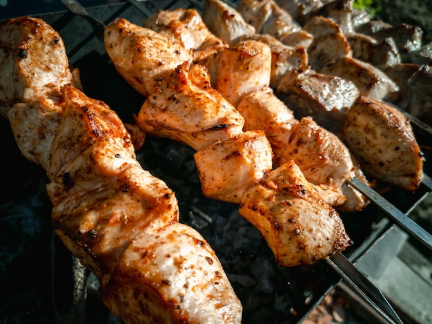 Meat skewers on skewers Cooking on charcoal grill