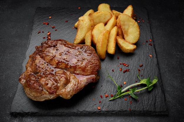 Meat steak on a black stone with fried potatoes