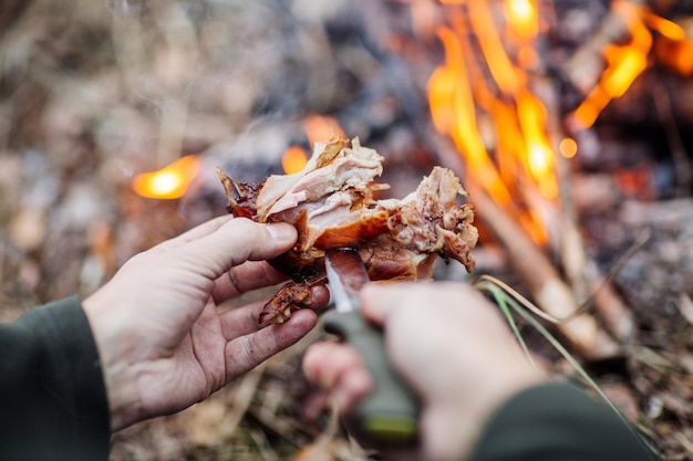 Meat on the stick grilled in the fire bushcraft concept