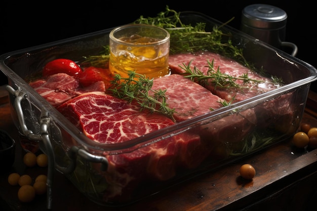 Meat in a tray submerged under broth