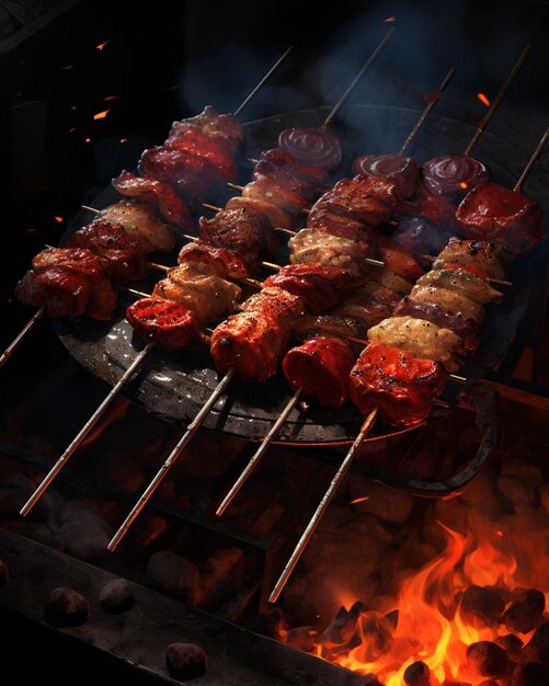 Meat and Vegetable Skewers on Grill