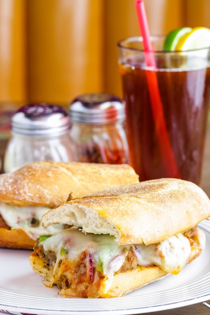 Meatball sandwich on the plate in Italian restaurant.