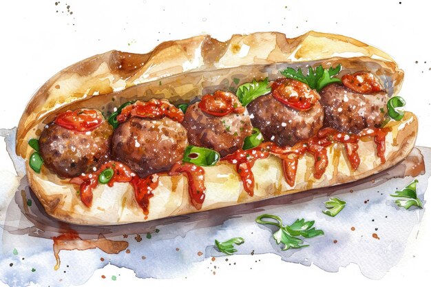 Meatball sub sandwich with juicy meatballs marinara sauce and melted mozzarella simple watercolor il