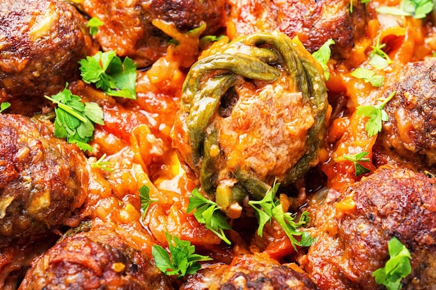 Meatballs,stewed with asparagus beans.Fresh fried meatballs.Food background