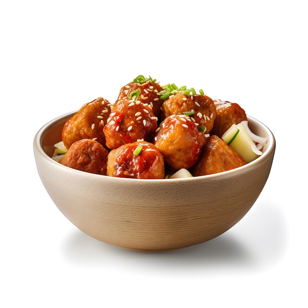 Meatballs in tomato sauce in a bowl on white background Top view