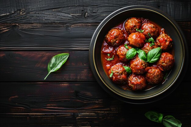 Photo meatballs in tomato sauce on dark wood