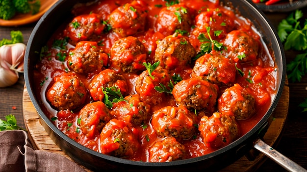 meatballs in tomato sauce in a frying pan Selective focus