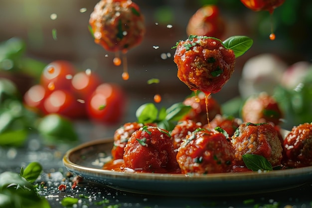 Meatballs in tomato sauce with basil leaves parmesan cheese and fresh tomatoes