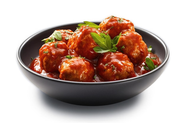 Meatballs in tomato sauce with herbs in black bowl isolated on white background Ai generative