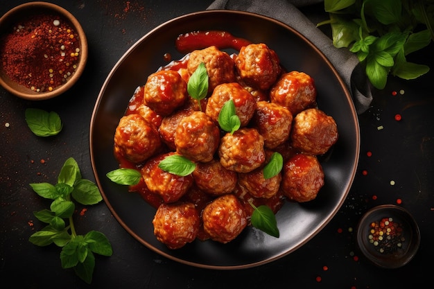 Meatballs in tomato sauce with herbs on wooden table Ai generative