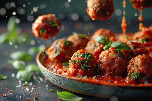 Meatballs with marinara sauce flying in a flavorful scene ar 32 style raw stylize 250 Job ID ddf4f1f8f0b249d99141a21f0a4acba1