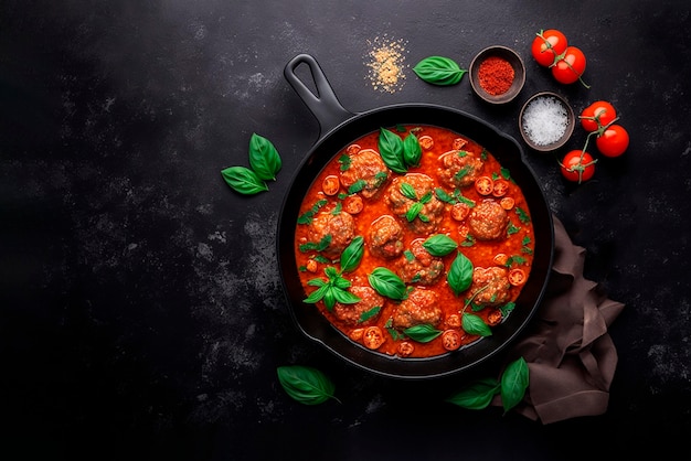 Meatballs with mushrooms in tomato sauce in frying pan