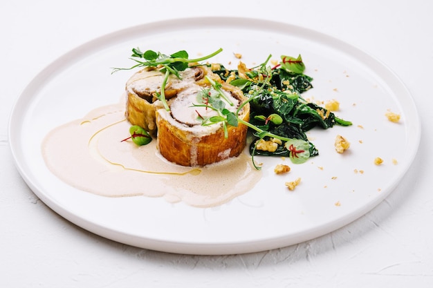 Meatloaf with mushroom sauce and walnut salad