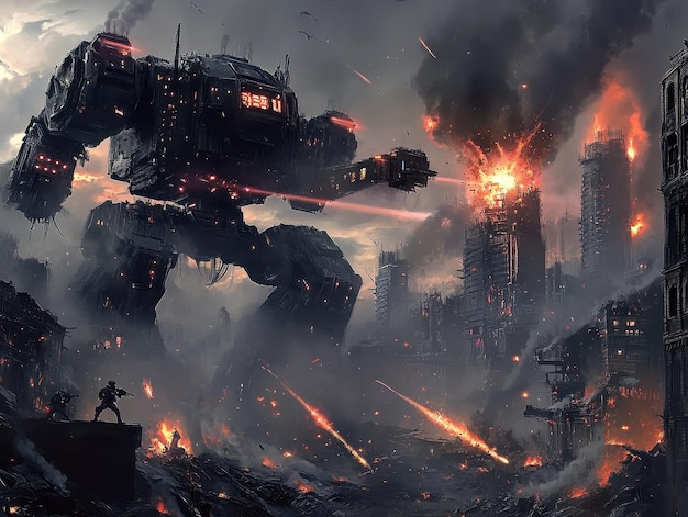 Photo mecha robot battle amidst ruined cityscape explosions lighting up scene