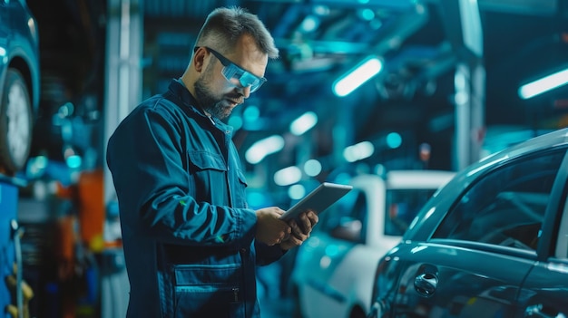 A mechanic in a blue jumpsuit and safety glasses uses a tablet to diagnose a car in a dimly lit garage