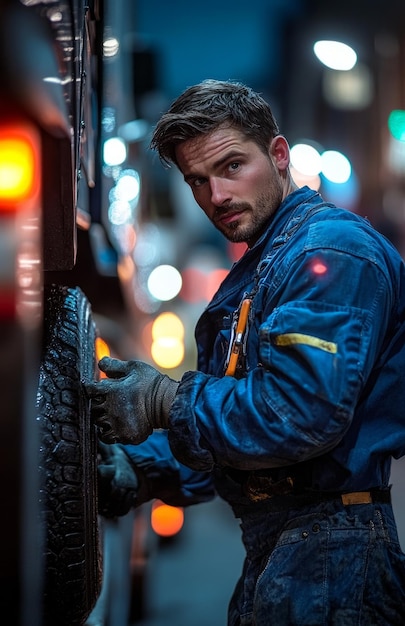 Mechanic in blue overalls holding tools standing beside semitruck city street at night