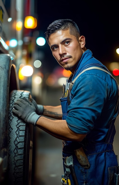 Mechanic in blue overalls holding tools standing beside semitruck city street at night