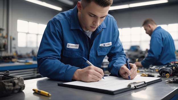 Photo a mechanic in a blue uniform writes on a clipboard in a garage while another mechanic works in the background