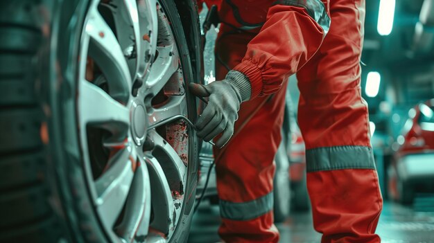 Photo mechanic in bright red uniform detaching wheel from vehicle in busy garage during daytime