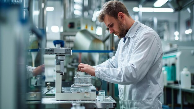 Photo a mechanic calibrating a precision scale in a pharmaceutical manufacturing facility