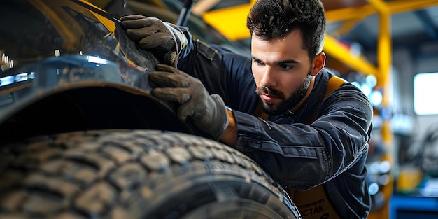 Photo mechanic changing a car tire in a garage at an auto repair shop concept automotive maintenance car repair mechanic services tire changing auto shop personnel