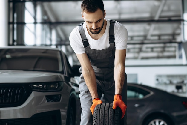 Mechanic changing tires in a car service