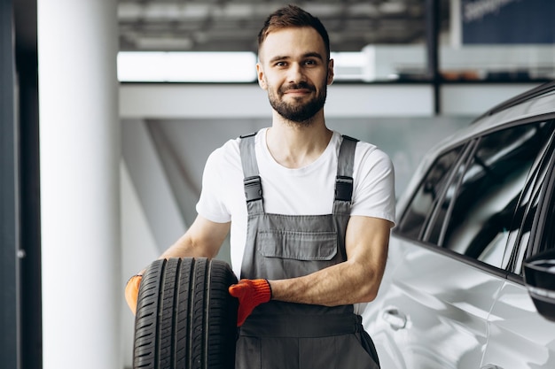 Mechanic changing tires in a car service