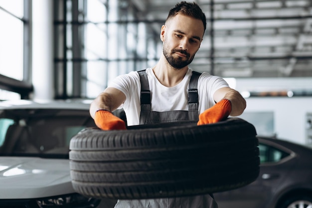 Mechanic changing tires in a car service