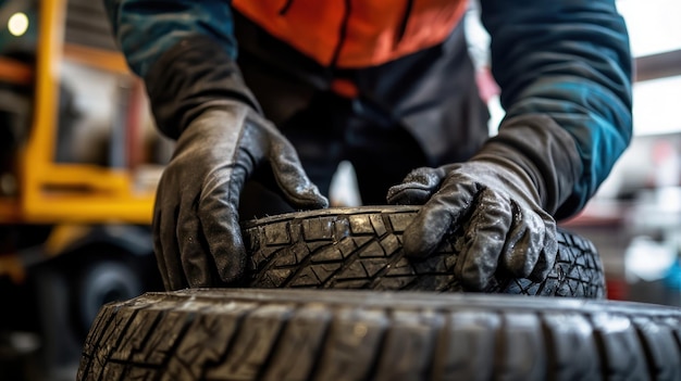 Photo mechanic checking tires