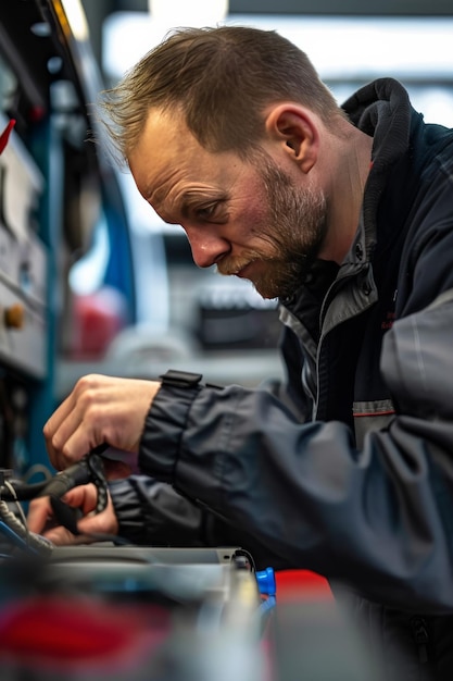 Photo a mechanic checks a vehicle on a car lift ensuring its safety and performance with professional