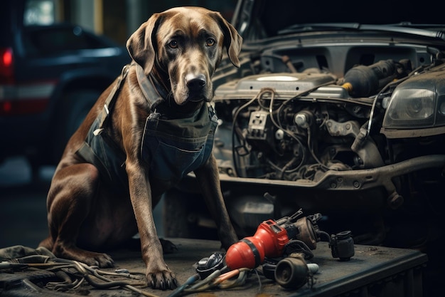 Mechanic cute dog is repairing the car