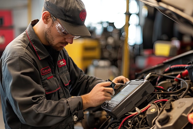 Photo a mechanic diagnosing an engine problem using scanner focused and skilled