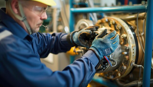 Photo a mechanic in electric blue workwear is engineering auto parts in a factory