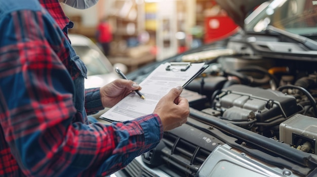 Photo mechanic examining car engine with checklist